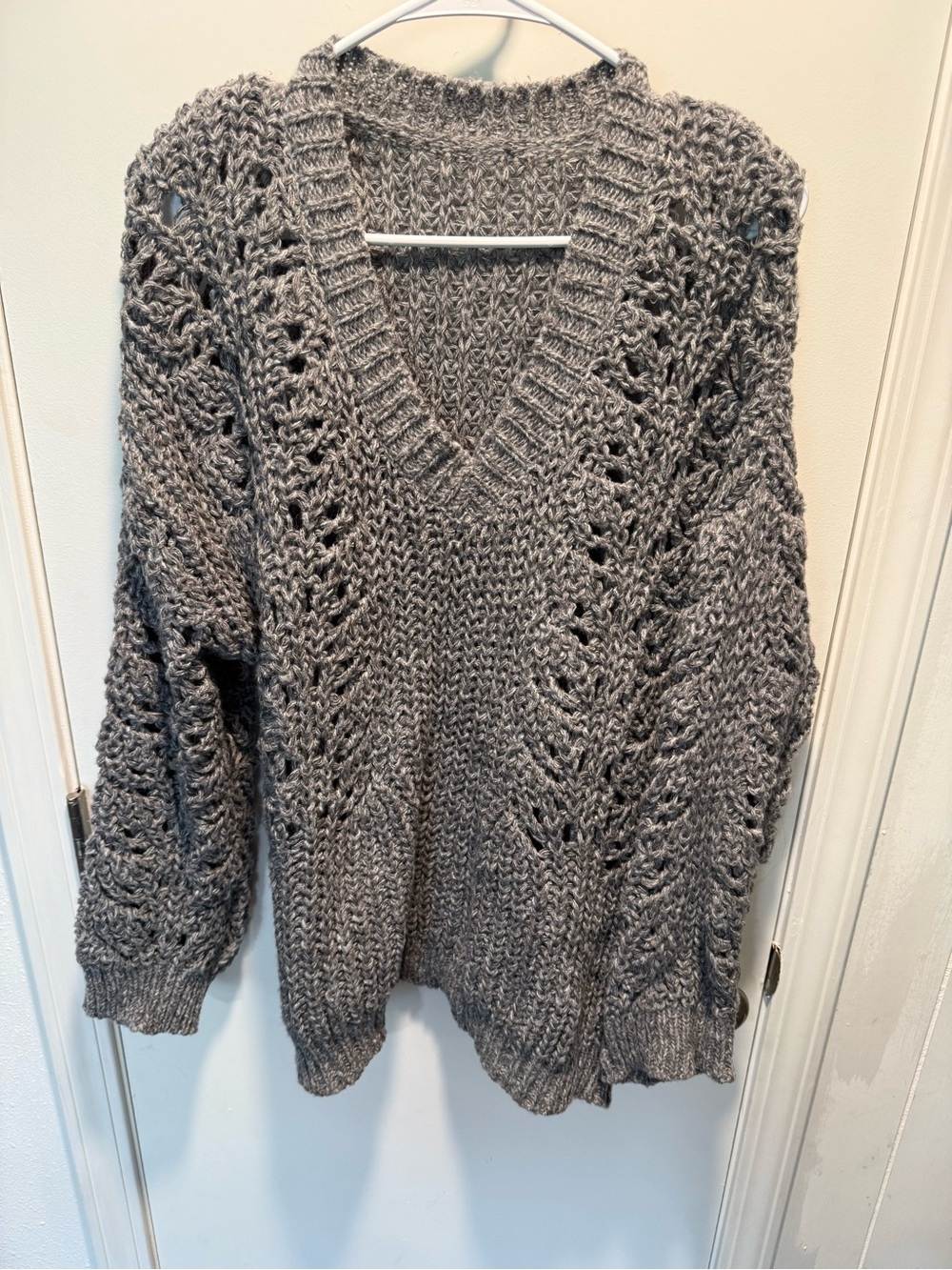 SHEIN Gray Openwork V-Neck Chunky Knit Sweater